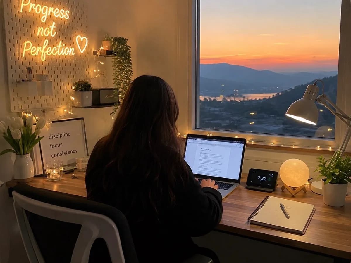 Memona, the SEO consultant behind SEO Miss, working at her desk at golden hour